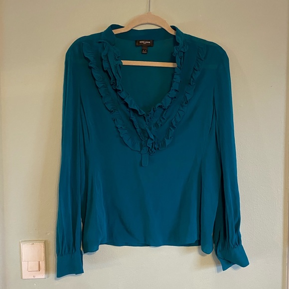 Herve Leger Paris Silk V Neck Ruffle Blouse Top Size 12 - Picture 2 of 5